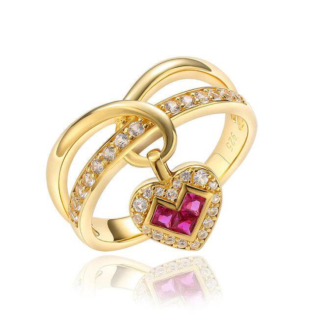 LUCID FANTASY Exquisite 925 Sterling Silver Heart Charm Rings with Created Ruby/Sapphire and 14K Gold Finish - Lucid Fantasy 