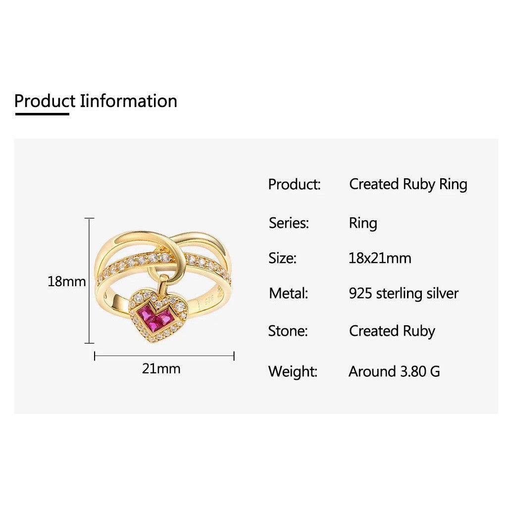 LUCID FANTASY Exquisite 925 Sterling Silver Heart Charm Rings with Created Ruby/Sapphire and 14K Gold Finish - Lucid Fantasy 