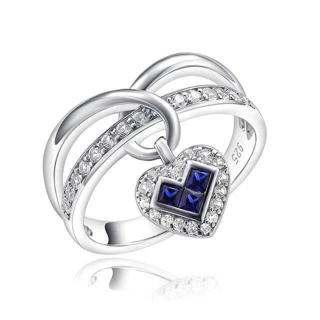 LUCID FANTASY Exquisite 925 Sterling Silver Heart Charm Rings with Created Ruby/Sapphire and 14K Gold Finish - Lucid Fantasy 