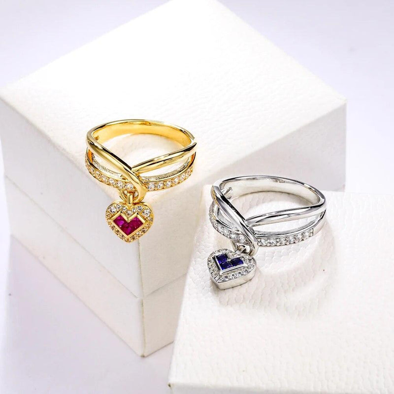 LUCID FANTASY Exquisite 925 Sterling Silver Heart Charm Rings with Created Ruby/Sapphire and 14K Gold Finish - Lucid Fantasy 