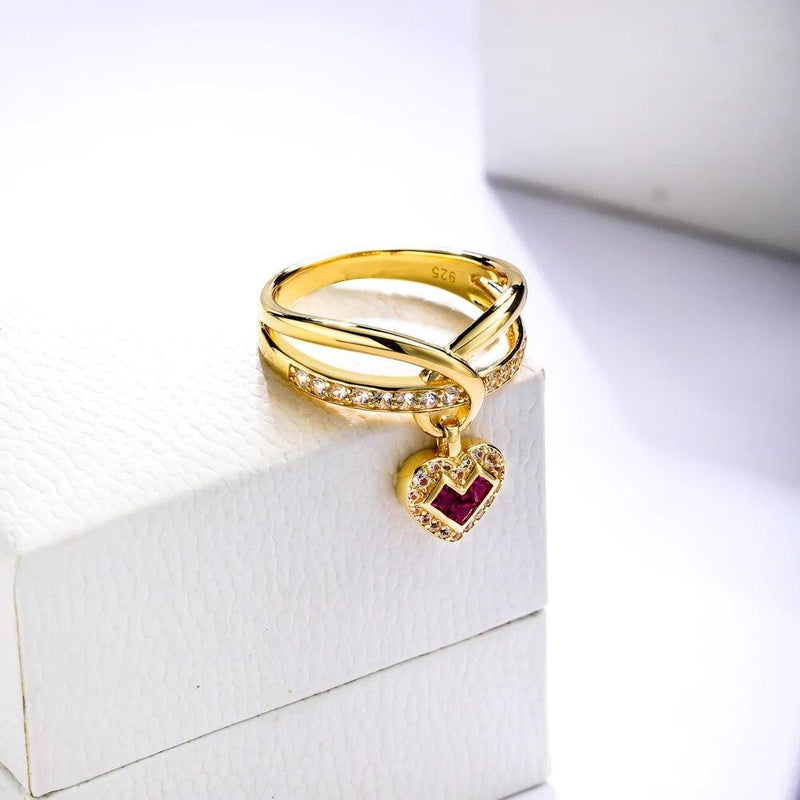 LUCID FANTASY Exquisite 925 Sterling Silver Heart Charm Rings with Created Ruby/Sapphire and 14K Gold Finish - Lucid Fantasy 