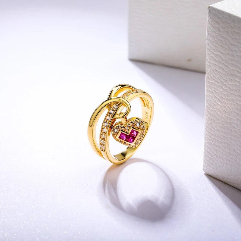 LUCID FANTASY Exquisite 925 Sterling Silver Heart Charm Rings with Created Ruby/Sapphire and 14K Gold Finish - Lucid Fantasy 