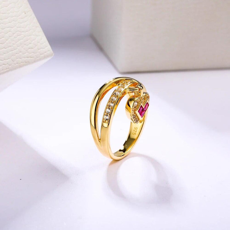 LUCID FANTASY Exquisite 925 Sterling Silver Heart Charm Rings with Created Ruby/Sapphire and 14K Gold Finish - Lucid Fantasy 