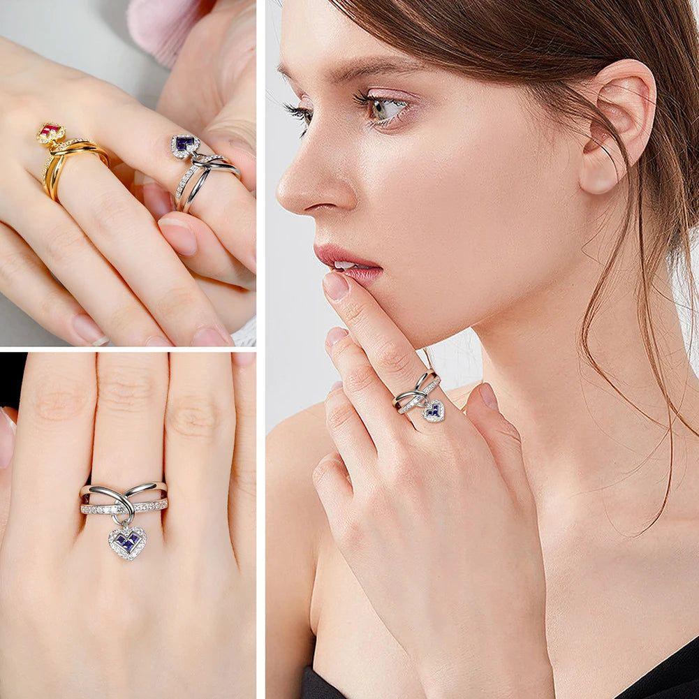 LUCID FANTASY Exquisite 925 Sterling Silver Heart Charm Rings with Created Ruby/Sapphire and 14K Gold Finish - Lucid Fantasy 