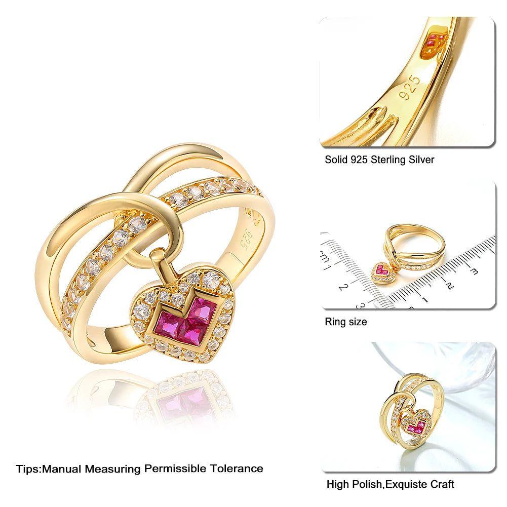 LUCID FANTASY Exquisite 925 Sterling Silver Heart Charm Rings with Created Ruby/Sapphire and 14K Gold Finish - Lucid Fantasy 