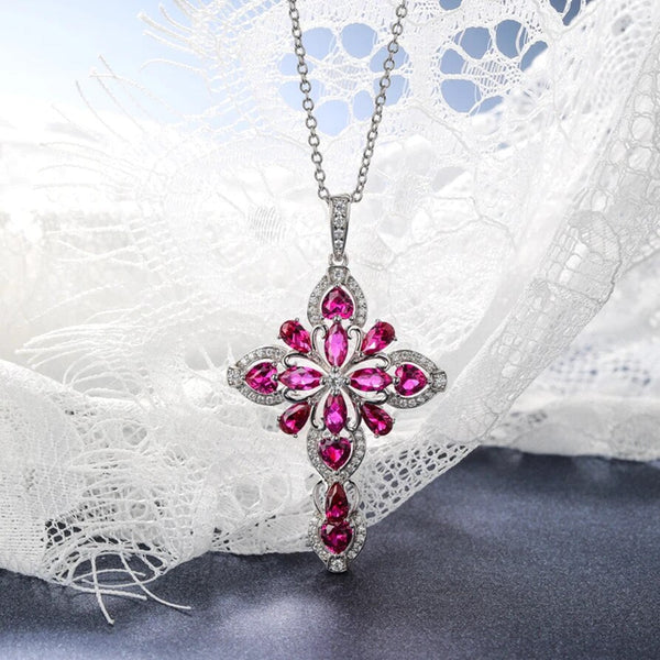 LUCID FANTASY Genuine 925 Sterling Silver Cross Pendant for Women Created Ruby Big Cross Necklace Rhodium Plated Fine Jewelry-Lucid Fantasy