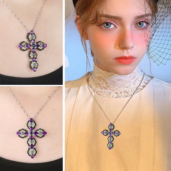 LUCID FANTASY Genuine 925 Sterling Silver Cross Pendant Necklace 8 ct. Natural Topaz Amethyst Mixed Color Gems Fine Jewelry-Lucid Fantasy