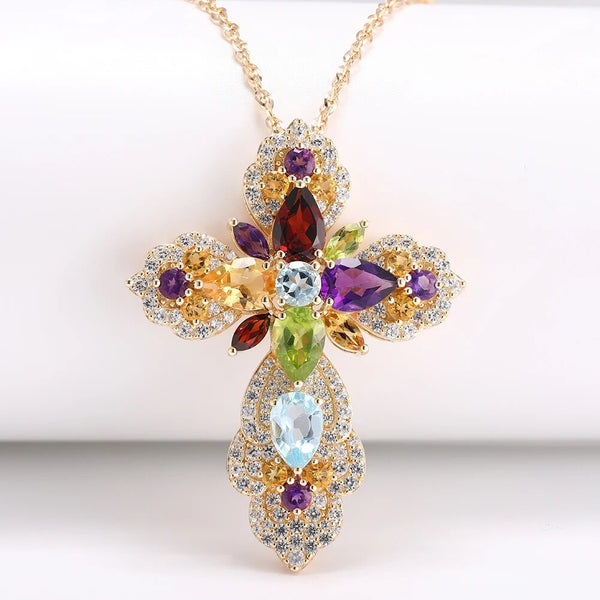 LUCID FANTASY Real Silver Cross Pendant Pure 925 Necklace Natural Multicolor Gemstone Big Cross 14K Gold Fine Jewelry-Lucid Fantasy