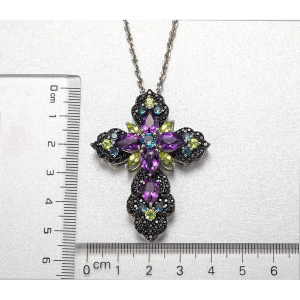 LUCID FANTASY Silver Cross Pendant Pure 925 Necklace Natural Multicolor Gemstone Big Cross Black Spinel Fine Jewelry-Lucid Fantasy