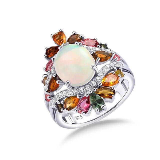 Luminous Opal & Tourmaline 4.8ct Sterling Silver Cocktail Ring - Lucid Fantasy 