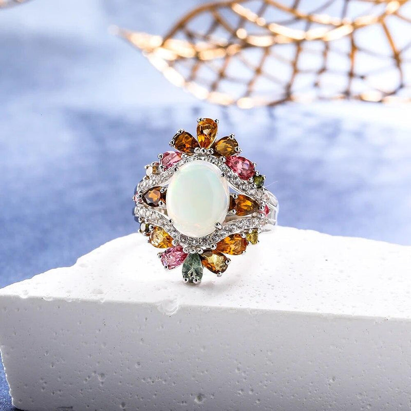 Luminous Opal & Tourmaline 4.8ct Sterling Silver Cocktail Ring - Lucid Fantasy 