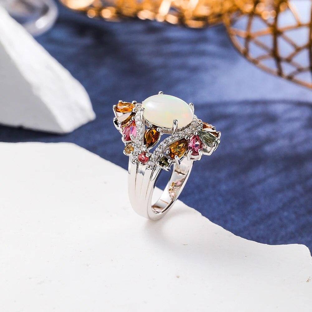 Luminous Opal & Tourmaline 4.8ct Sterling Silver Cocktail Ring - Lucid Fantasy 