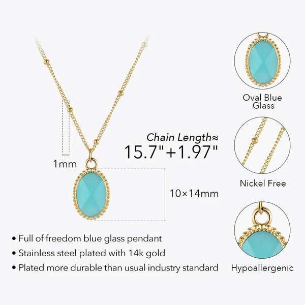 LUXE Design Oval Blue Glass Pendant Necklace Stainless Steel Fashion Jewelry Necklaces-Lucid Fantasy