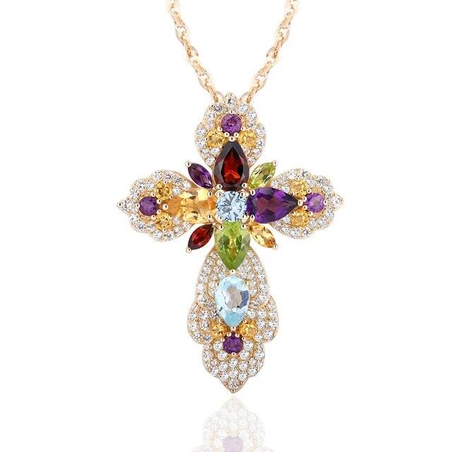 Luxurious 14K Gold Plated Sterling Silver Cross Pendant Necklace with Vibrant Natural Gemstones - Lucid Fantasy 