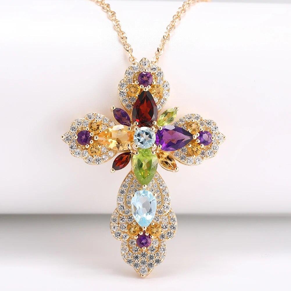 Luxurious 14K Gold Plated Sterling Silver Cross Pendant Necklace with Vibrant Natural Gemstones - Lucid Fantasy 