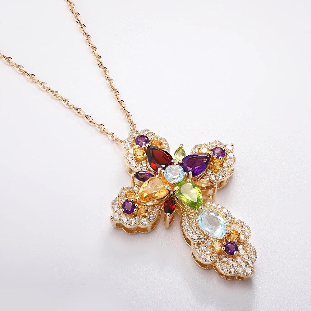 Luxurious 14K Gold Plated Sterling Silver Cross Pendant Necklace with Vibrant Natural Gemstones - Lucid Fantasy 