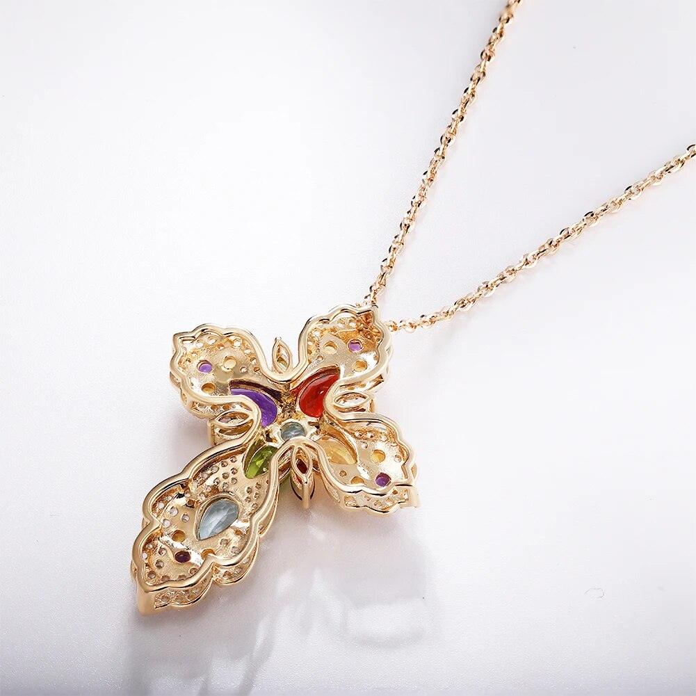 Luxurious 14K Gold Plated Sterling Silver Cross Pendant Necklace with Vibrant Natural Gemstones - Lucid Fantasy 