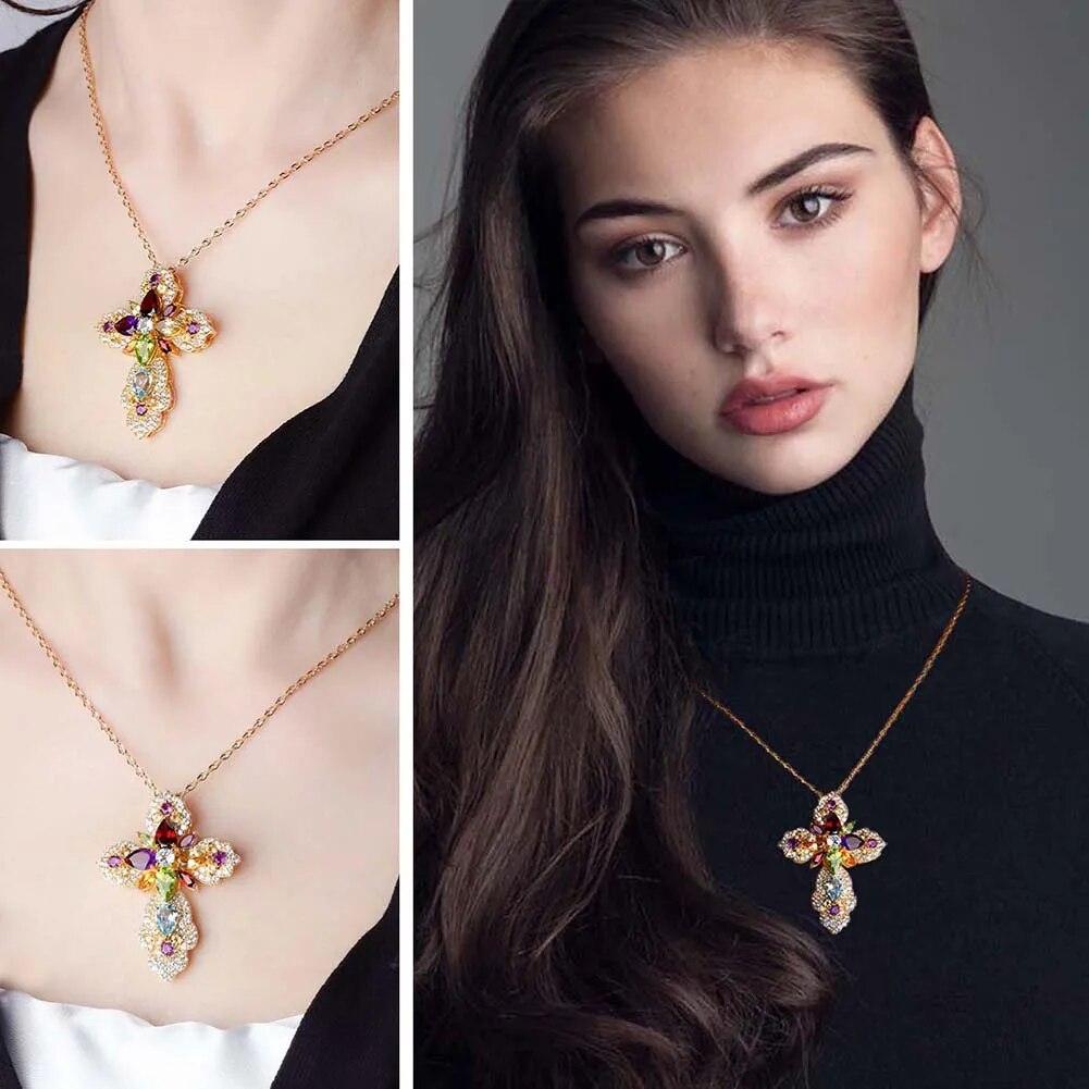 Luxurious 14K Gold Plated Sterling Silver Cross Pendant Necklace with Vibrant Natural Gemstones - Lucid Fantasy 