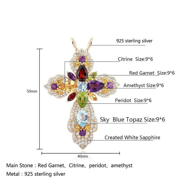 Luxurious 14K Gold Plated Sterling Silver Cross Pendant Necklace with Vibrant Natural Gemstones - Lucid Fantasy 