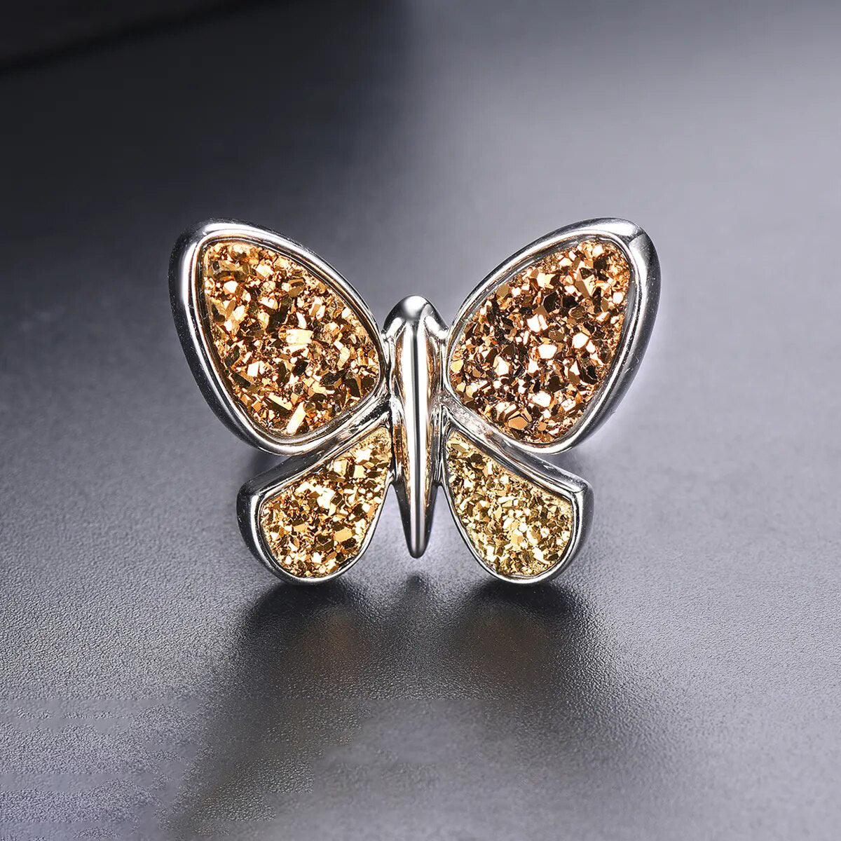 Luxurious Solid Silver S925 Butterfly Ring with Druzy Agate Accent - Lucid Fantasy 