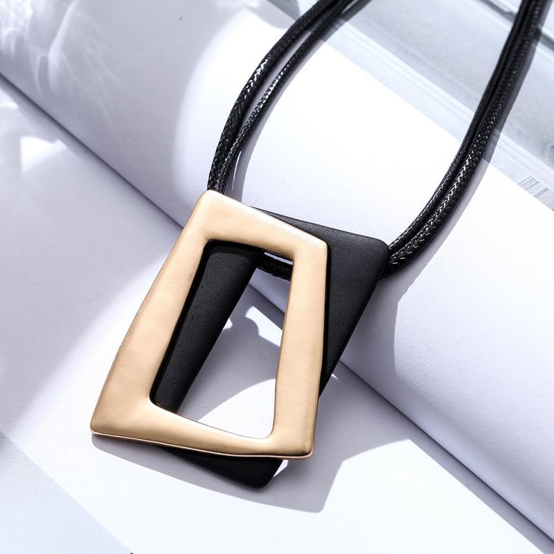 Luxurious Two Tone Gold Black Geometric BOHO Pendant Necklace - Chic Minimalist Fashion Accessory - Lucid Fantasy 