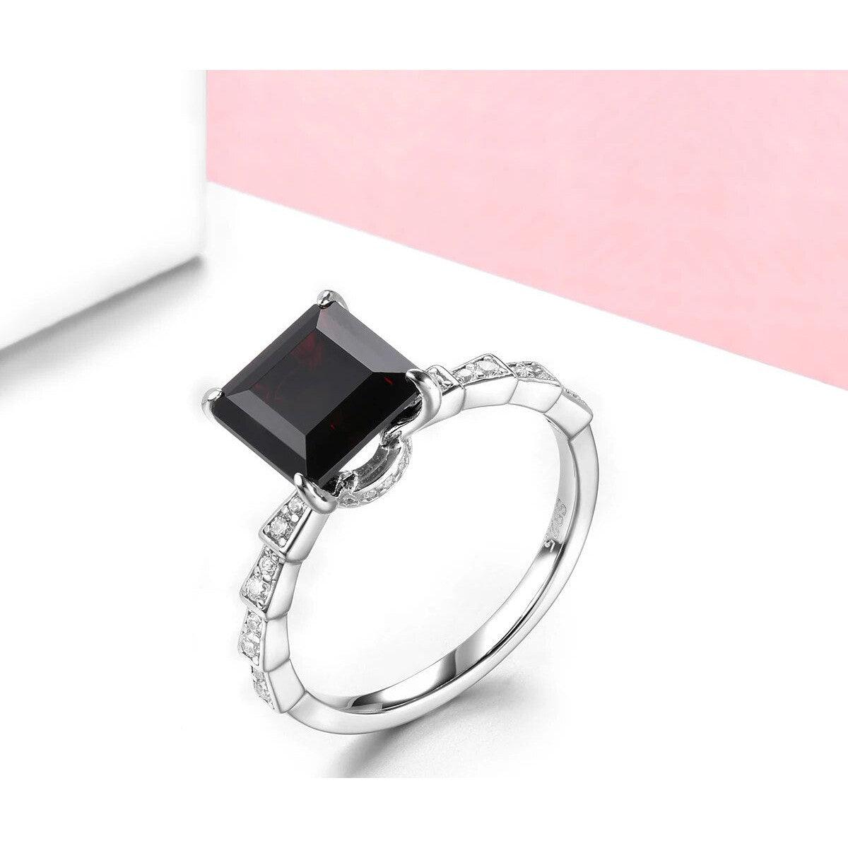 Luxurious Vintage-Inspired Natural Black Garnet Square Ring in Sterling Silver - 1.2 Carats Genuine Gemstone Fine Jewelry S925 - Lucid Fantasy 