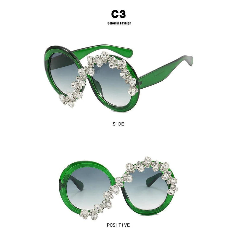 Luxury Oversized Rhinestone-Embellished Round Sunglasses with Diamond-Like Lenses - Lucid Fantasy 