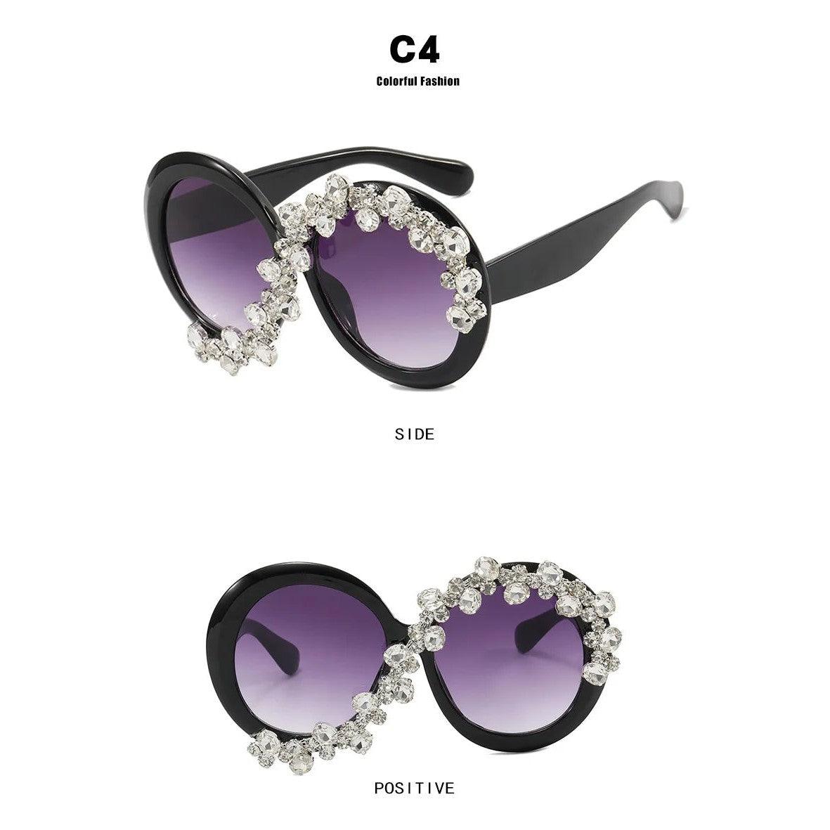 Luxury Oversized Rhinestone-Embellished Round Sunglasses with Diamond-Like Lenses - Lucid Fantasy 