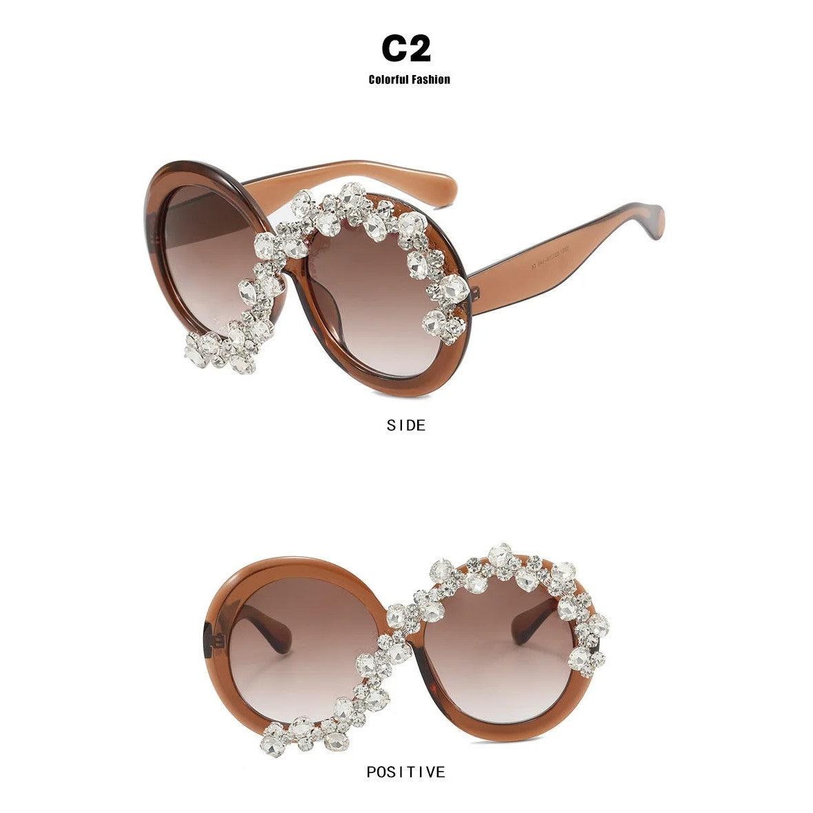 Luxury Oversized Rhinestone-Embellished Round Sunglasses with Diamond-Like Lenses - Lucid Fantasy 