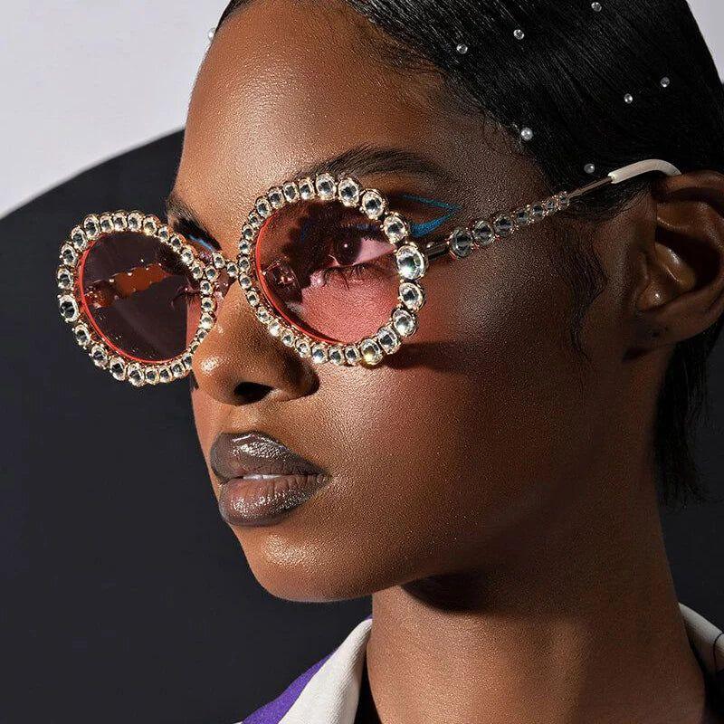 Luxury Oversized Round Sunglasses with Bling Crystal Accents and Big Frame Design - Lucid Fantasy 