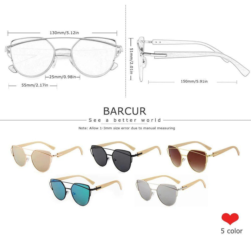 Luxury Polarized Cat Eye Sunglasses for Women with Metal Frame and Bamboo Accents - UV400 Protection by Barcur - Lucid Fantasy 