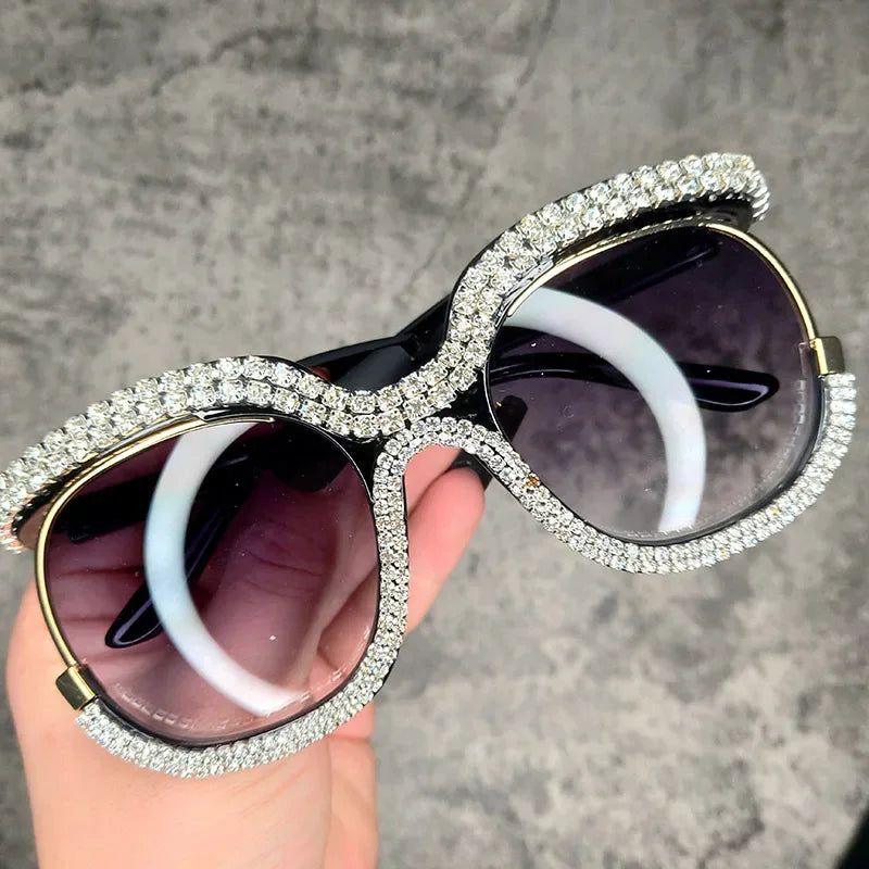 Luxury Rhinestone-Embellished Oversized Round Sunglasses - Chic Bling Fashion Shades - Lucid Fantasy 