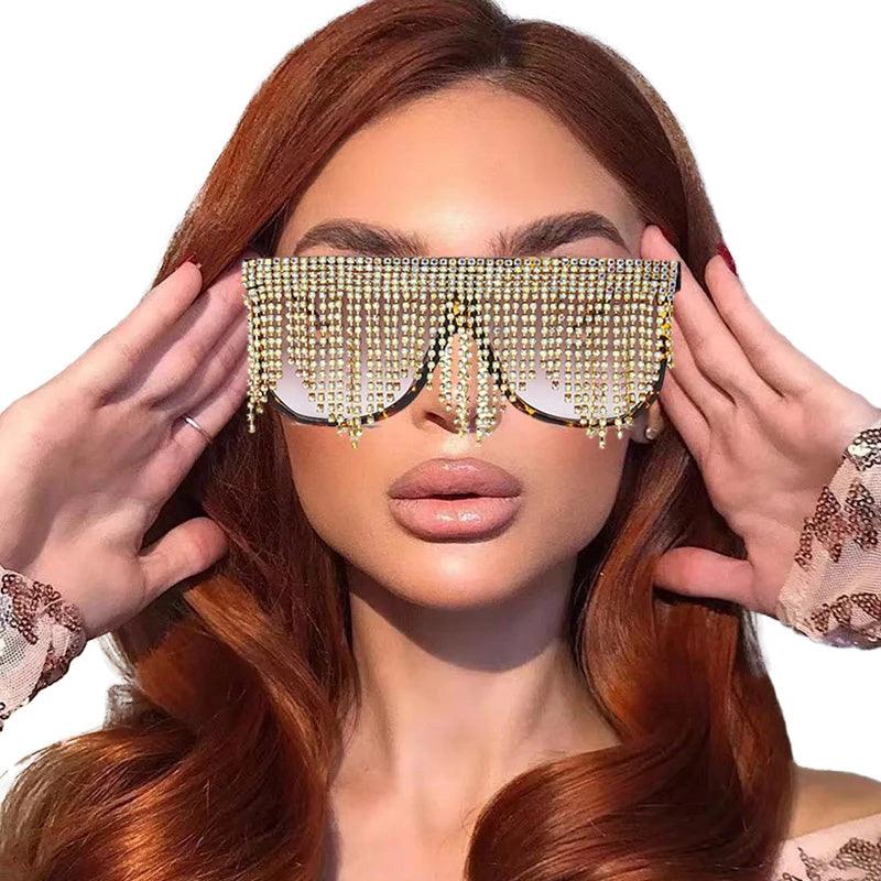 Luxury Rhinestone Tassel Oversized Sunglasses - Glamorous One-Piece Sun Shades - Lucid Fantasy 