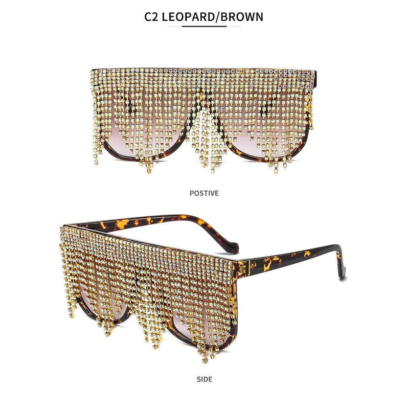 Luxury Rhinestone Tassel Oversized Sunglasses - Glamorous One-Piece Sun Shades - Lucid Fantasy 