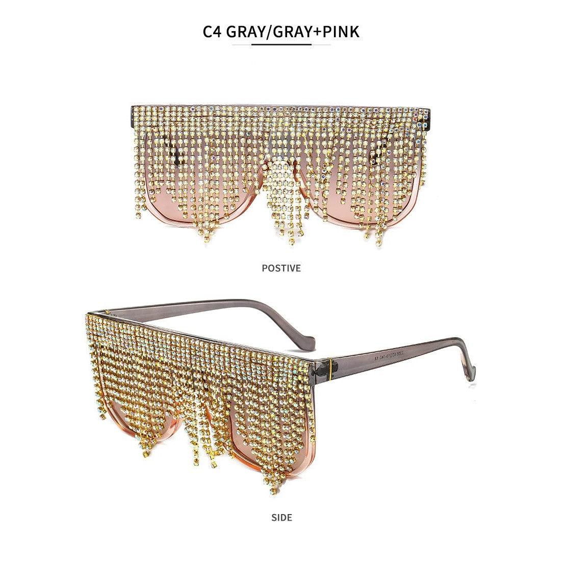 Luxury Rhinestone Tassel Oversized Sunglasses - Glamorous One-Piece Sun Shades - Lucid Fantasy 