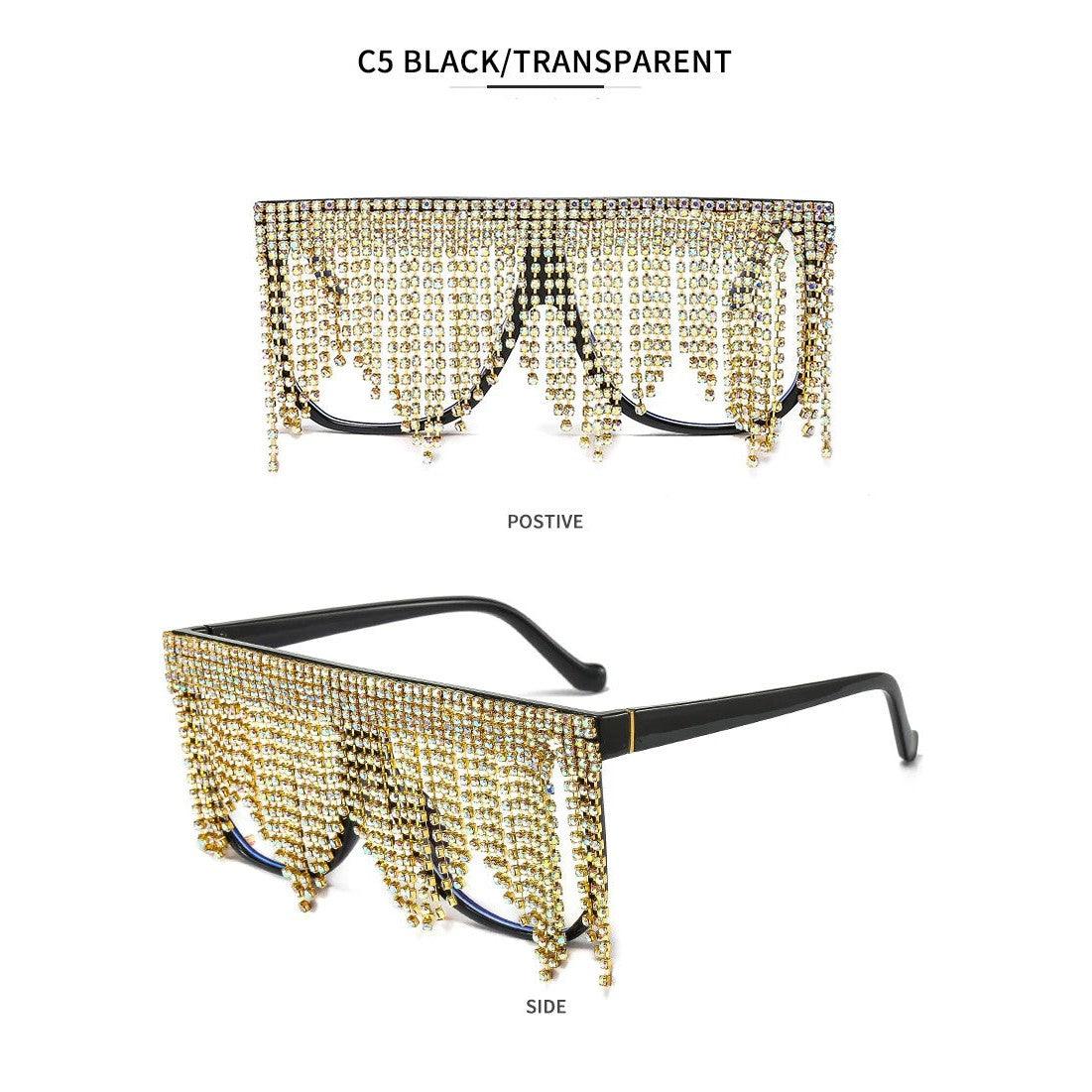 Luxury Rhinestone Tassel Oversized Sunglasses - Glamorous One-Piece Sun Shades - Lucid Fantasy 