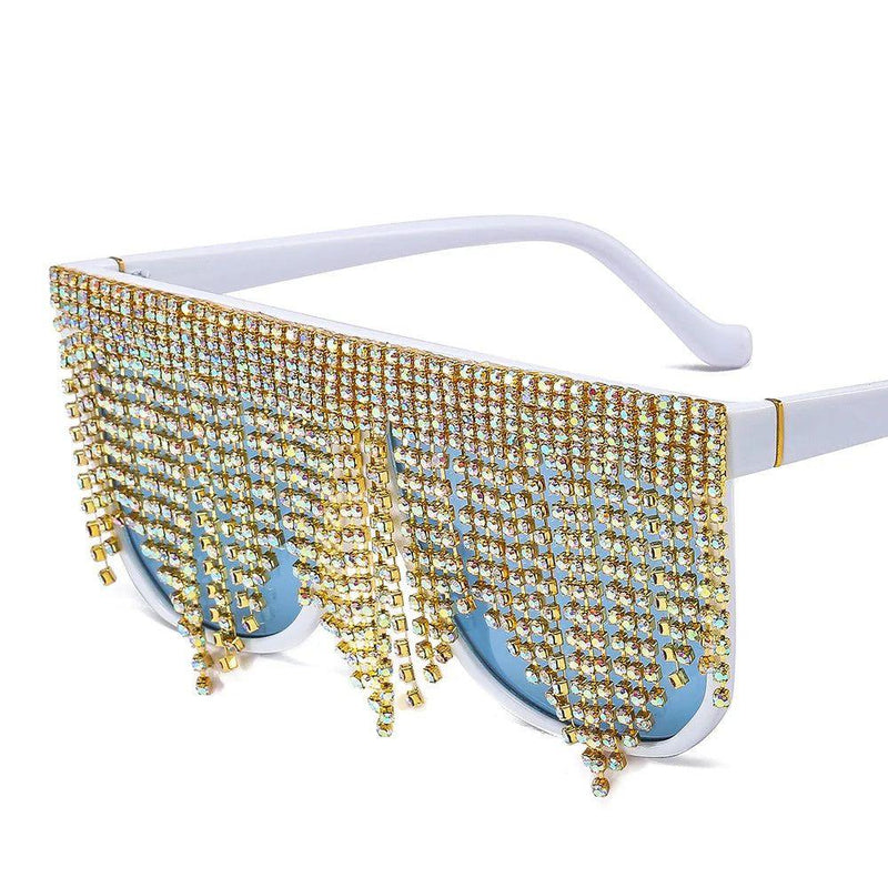 Luxury Rhinestone Tassel Oversized Sunglasses - Glamorous One-Piece Sun Shades - Lucid Fantasy 