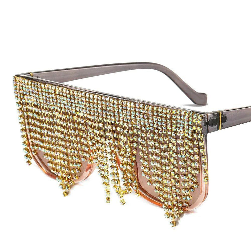 Luxury Rhinestone Tassel Oversized Sunglasses - Glamorous One-Piece Sun Shades - Lucid Fantasy 