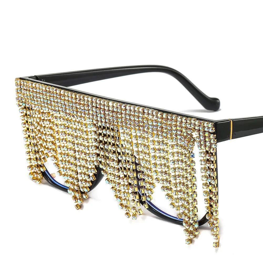 Luxury Rhinestone Tassel Oversized Sunglasses - Glamorous One-Piece Sun Shades - Lucid Fantasy 