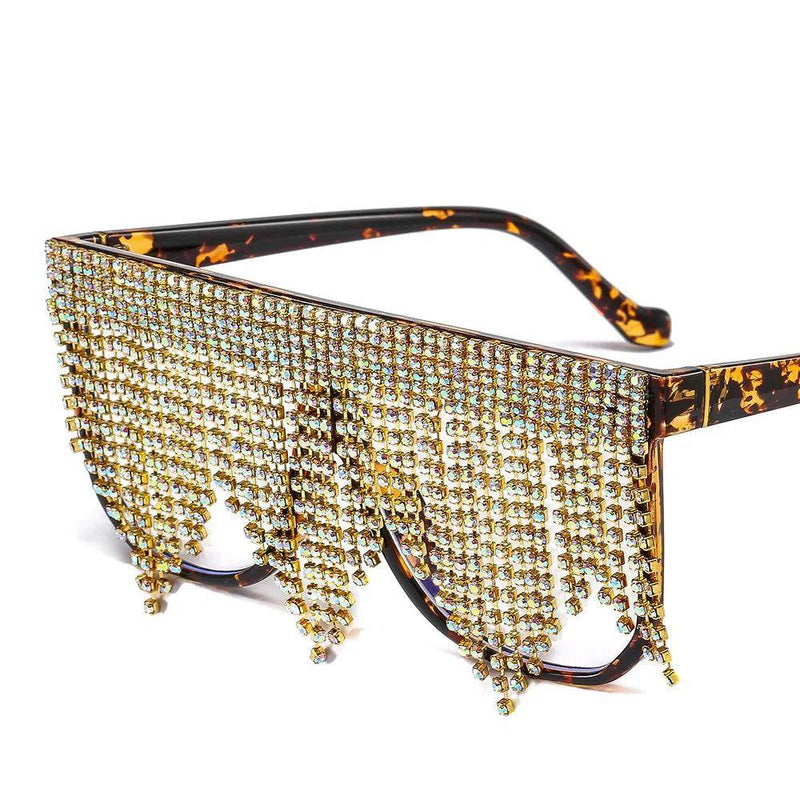 Luxury Rhinestone Tassel Oversized Sunglasses - Glamorous One-Piece Sun Shades - Lucid Fantasy 