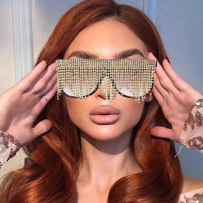 Luxury Rhinestone Tassel Oversized Sunglasses - Glamorous One-Piece Sun Shades - Lucid Fantasy 