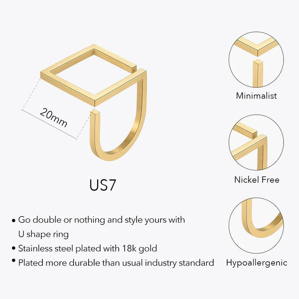 Modern Design U-Shaped Square Ring Stainless Steel Gold Color Fashion Jewelry-Lucid Fantasy