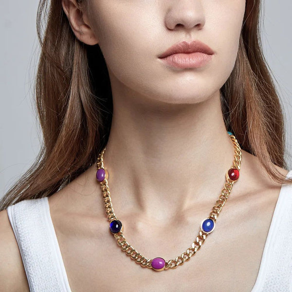 Modern Design Vintage Rainbow Stone Necklace Stainless Steel Fashion Jewelry Choker-Lucid Fantasy