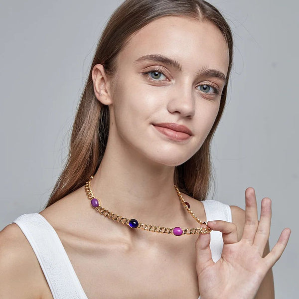 Modern Design Vintage Rainbow Stone Necklace Stainless Steel Fashion Jewelry Choker-Lucid Fantasy