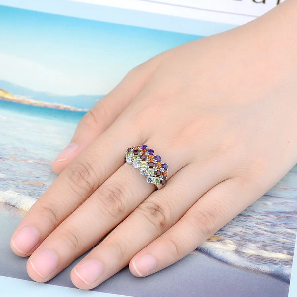Natural Amethyst Peridot Sterling Silver Ring 3 Carats Genuine Gemstone Colorful Style Classic S925 Fine Jewelry-Lucid Fantasy