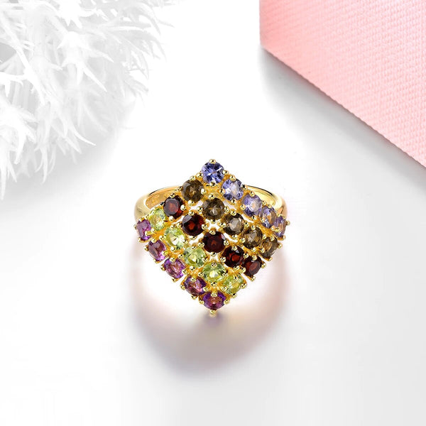 Natural Amethyst Tanzanite Garnet Peridot Smoky Quartz Sterling Silver Ring Yellow Gold Plated 3 Carats Colorful Gemstone Style Fine Jewelry-Lucid Fantasy