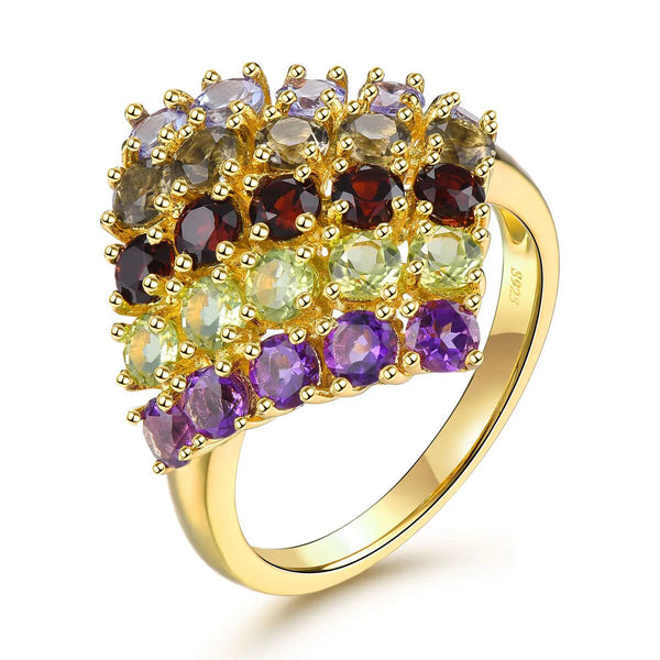 Natural Amethyst Tanzanite Garnet Peridot Smoky Quartz Sterling Silver Ring Yellow Gold Plated 3 Carats Colorful Gemstone Style Fine Jewelry-Lucid Fantasy