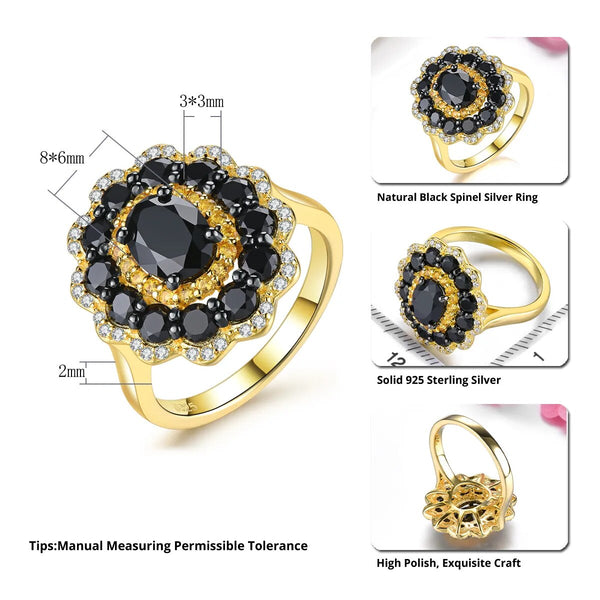 Natural Black Spinel Citrine Silver Ring 3.5 Carats Gemstone Yellow Gold Plated Classic Fine Jewelry Original Design-Lucid Fantasy