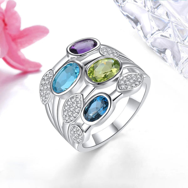 Natural Blue Topaz Peridot Amethyst Solid Silver Ring 4.2 Carats Genuine Multicolor Gemstone Style Fine Jewelry-Lucid Fantasy