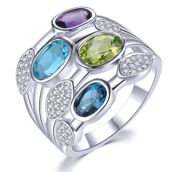 Natural Blue Topaz Peridot Amethyst Solid Silver Ring 4.2 Carats Genuine Multicolor Gemstone Style Fine Jewelry-Lucid Fantasy